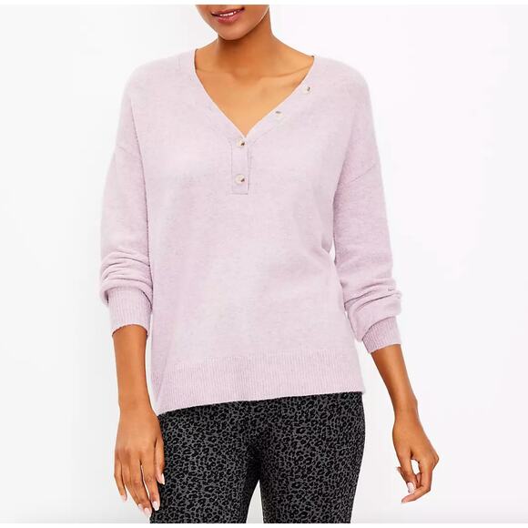 LOFT Slouchy Henley Sweater M Knit Pullover Long Sleeve Lilac Purple Cozy Lounge - Picture 3 of 12